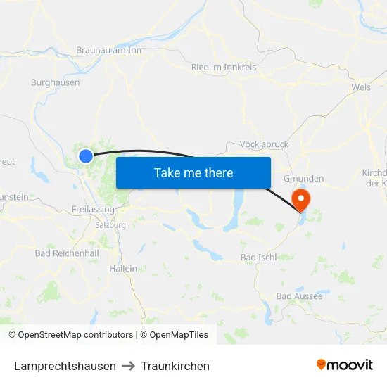 Lamprechtshausen to Traunkirchen map
