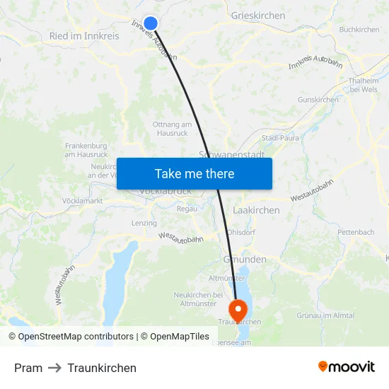 Pram to Traunkirchen map