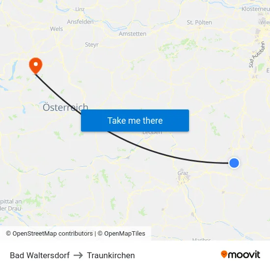 Bad Waltersdorf to Traunkirchen map
