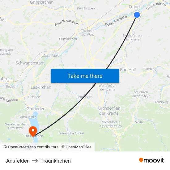 Ansfelden to Traunkirchen map