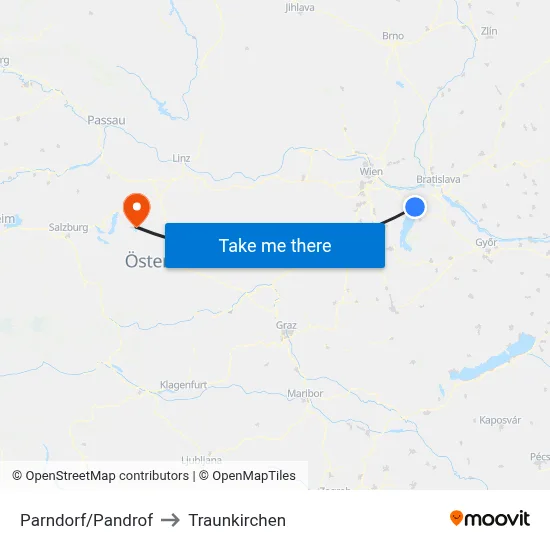 Parndorf/Pandrof to Traunkirchen map