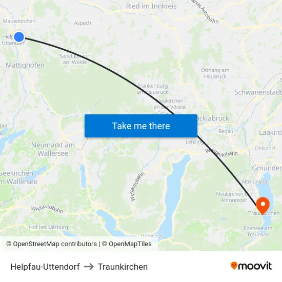 Helpfau-Uttendorf to Traunkirchen map