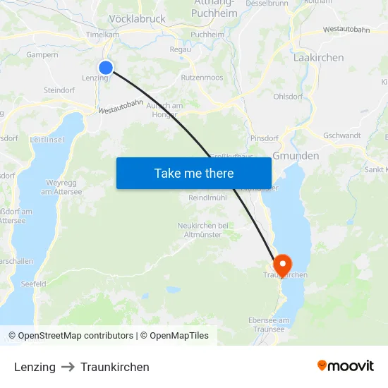 Lenzing to Traunkirchen map