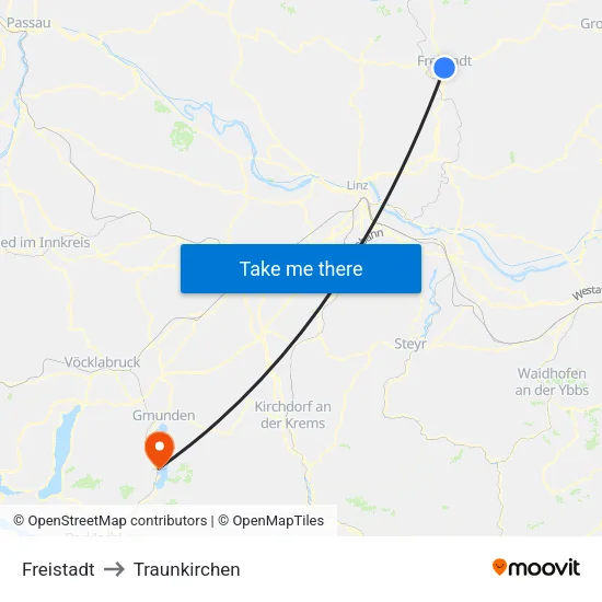Freistadt to Traunkirchen map