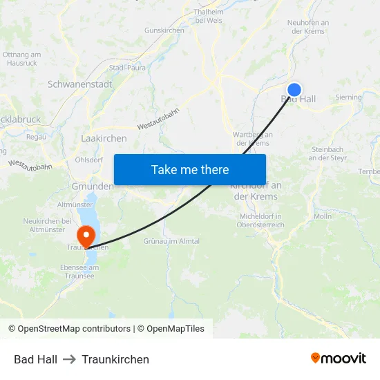 Bad Hall to Traunkirchen map