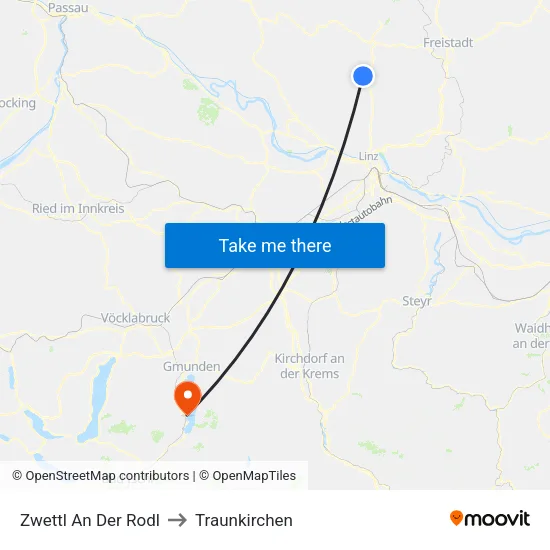Zwettl An Der Rodl to Traunkirchen map