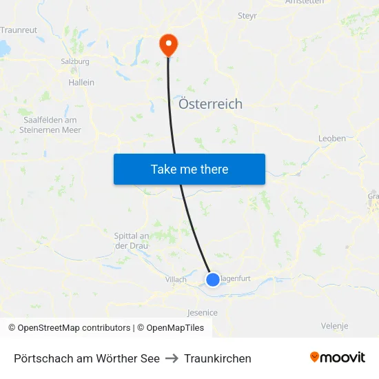 Pörtschach am Wörther See to Traunkirchen map