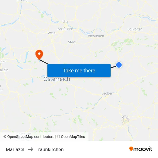 Mariazell to Traunkirchen map