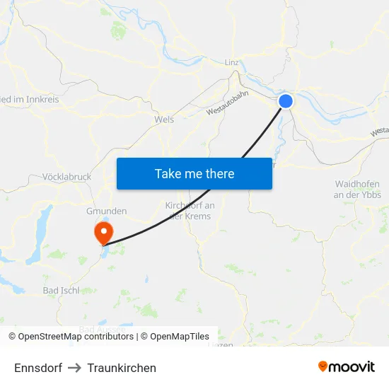 Ennsdorf to Traunkirchen map