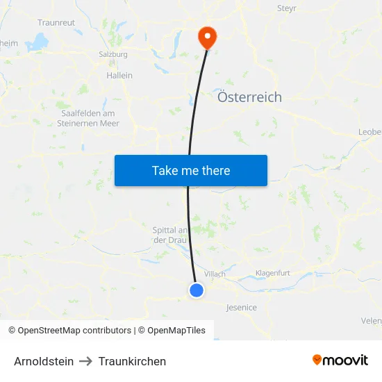 Arnoldstein to Traunkirchen map