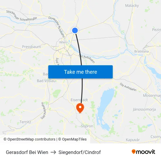 Gerasdorf Bei Wien to Siegendorf/Cindrof map
