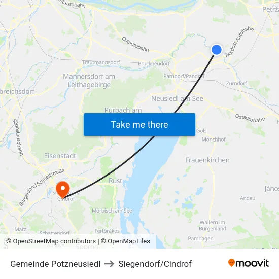 Gemeinde Potzneusiedl to Siegendorf/Cindrof map