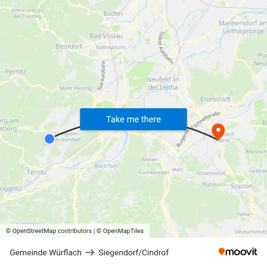 Gemeinde Würflach to Siegendorf/Cindrof map