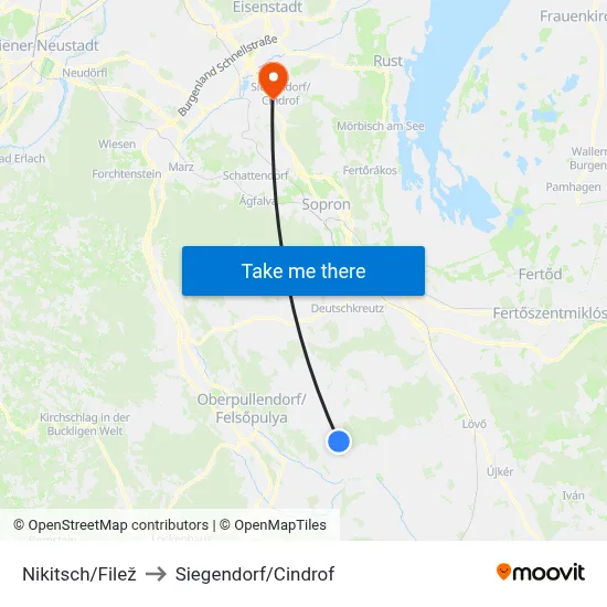 Nikitsch/Filež to Siegendorf/Cindrof map