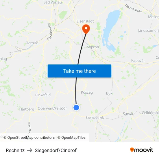 Rechnitz to Siegendorf/Cindrof map