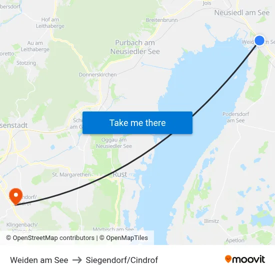 Weiden am See to Siegendorf/Cindrof map