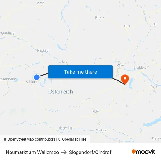 Neumarkt am Wallersee to Siegendorf/Cindrof map