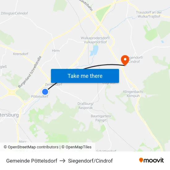 Gemeinde Pöttelsdorf to Siegendorf/Cindrof map