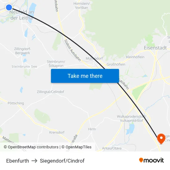 Ebenfurth to Siegendorf/Cindrof map
