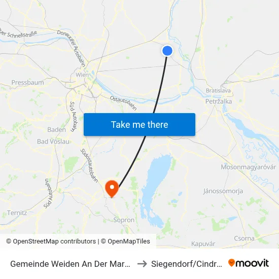 Gemeinde Weiden An Der March to Siegendorf/Cindrof map