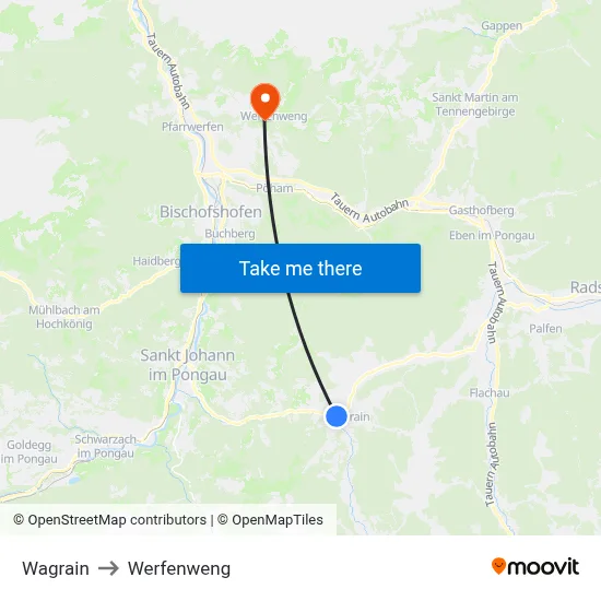 Wagrain to Werfenweng map