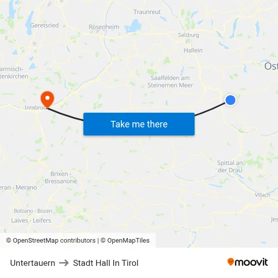 Untertauern to Stadt Hall In Tirol map