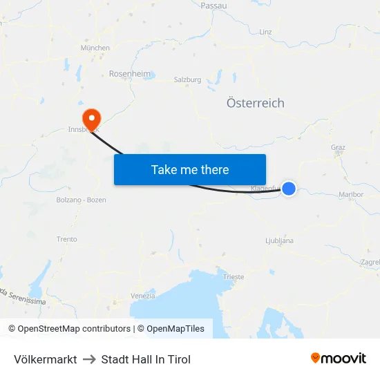 Völkermarkt to Stadt Hall In Tirol map