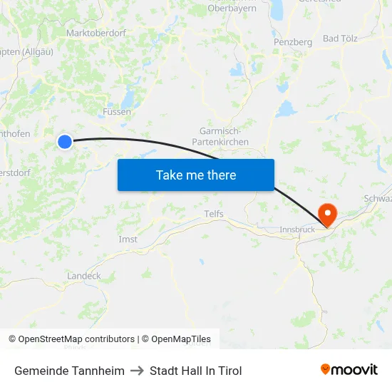 Gemeinde Tannheim to Stadt Hall In Tirol map