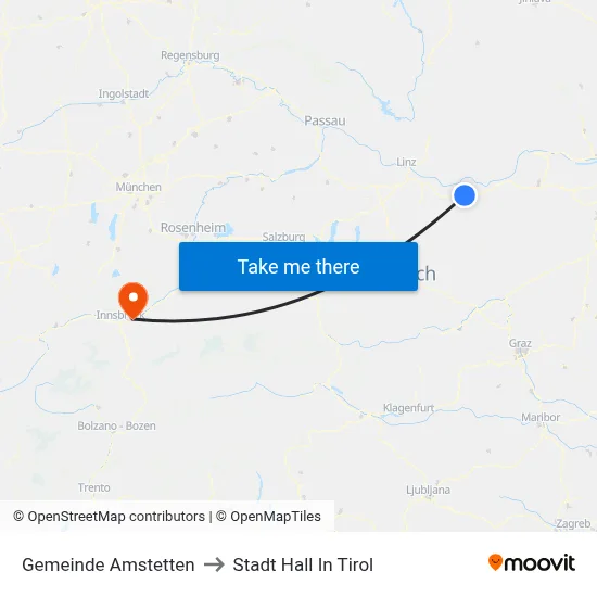 Gemeinde Amstetten to Stadt Hall In Tirol map