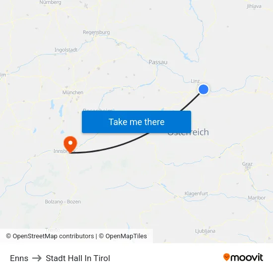 Enns to Stadt Hall In Tirol map