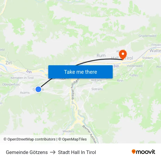 Gemeinde Götzens to Stadt Hall In Tirol map