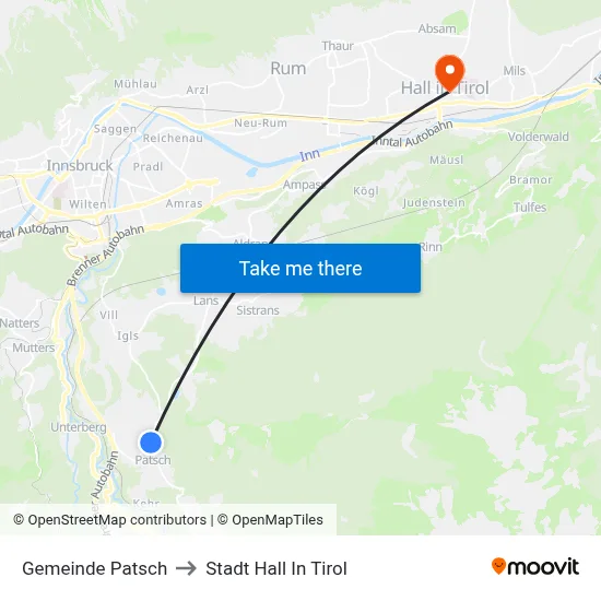 Gemeinde Patsch to Stadt Hall In Tirol map