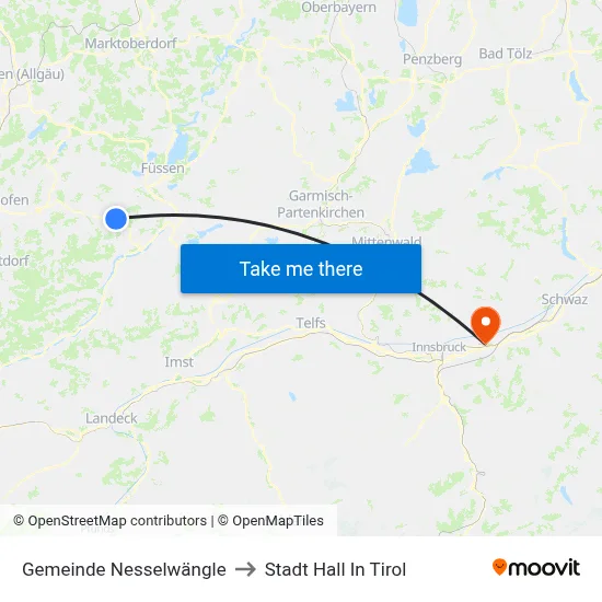 Gemeinde Nesselwängle to Stadt Hall In Tirol map