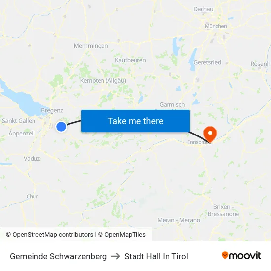 Gemeinde Schwarzenberg to Stadt Hall In Tirol map