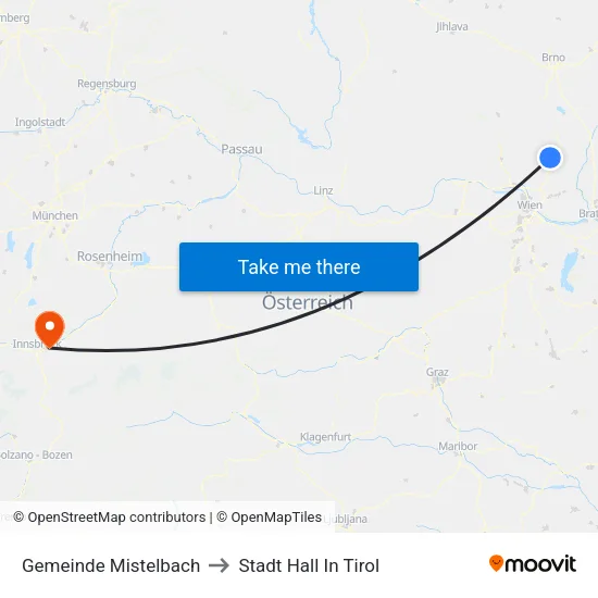 Gemeinde Mistelbach to Stadt Hall In Tirol map