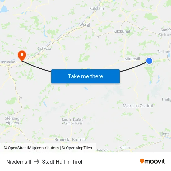 Niedernsill to Stadt Hall In Tirol map
