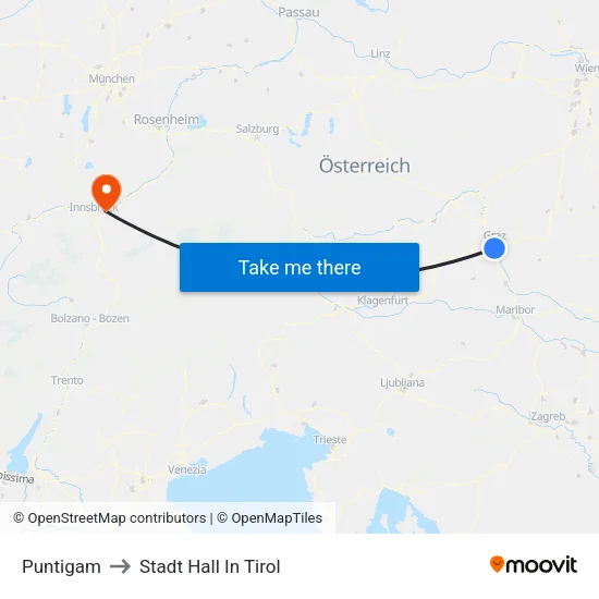 Puntigam to Stadt Hall In Tirol map