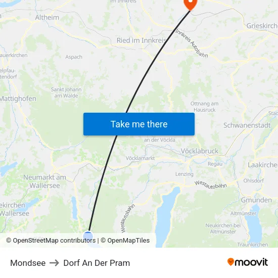 Mondsee to Dorf An Der Pram map