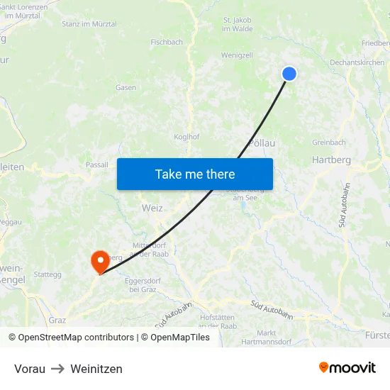 Vorau to Weinitzen map