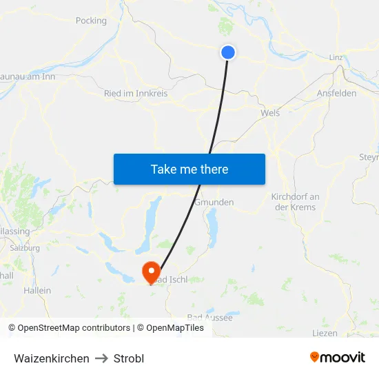 Waizenkirchen to Strobl map