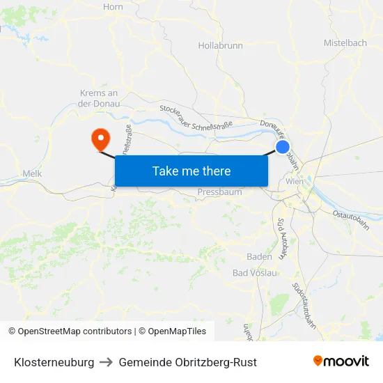 Klosterneuburg to Gemeinde Obritzberg-Rust map