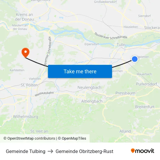 Gemeinde Tulbing to Gemeinde Obritzberg-Rust map
