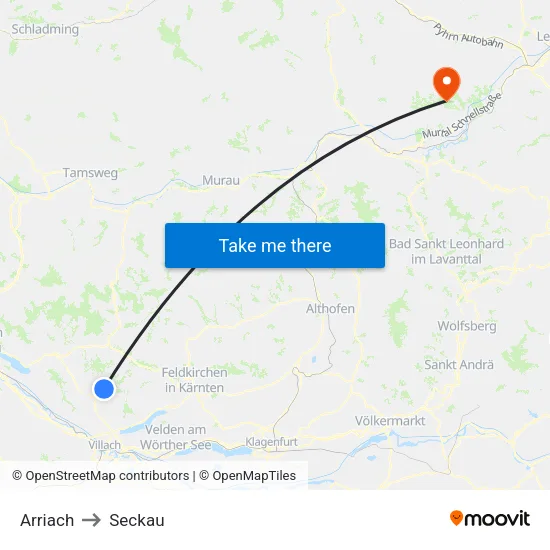 Arriach to Seckau map