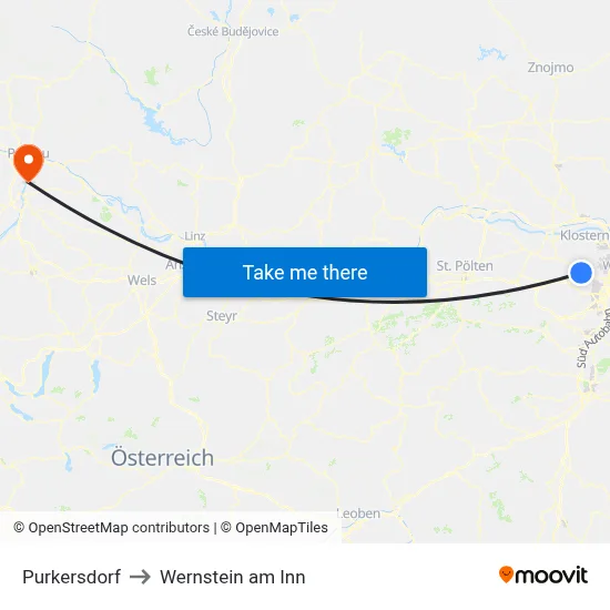 Purkersdorf to Wernstein am Inn map