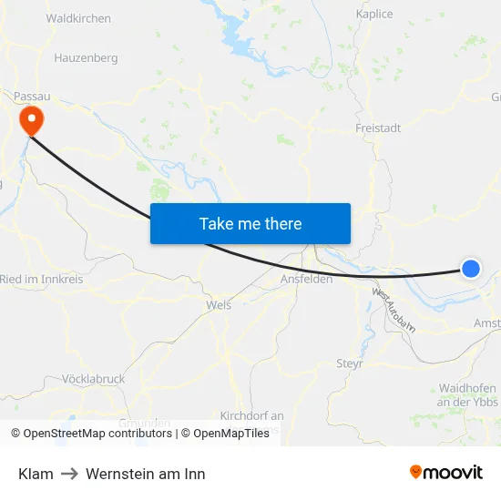 Klam to Wernstein am Inn map