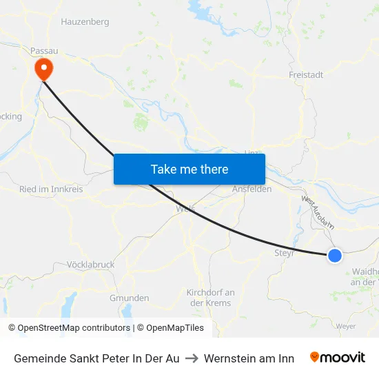 Gemeinde Sankt Peter In Der Au to Wernstein am Inn map