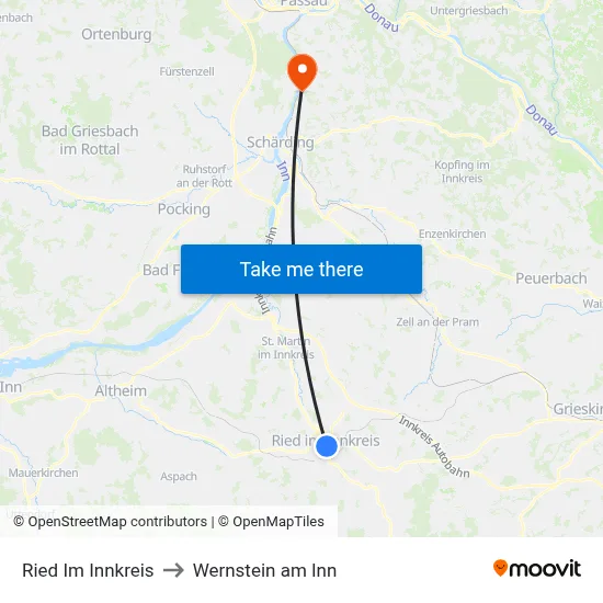 Ried Im Innkreis to Wernstein am Inn map
