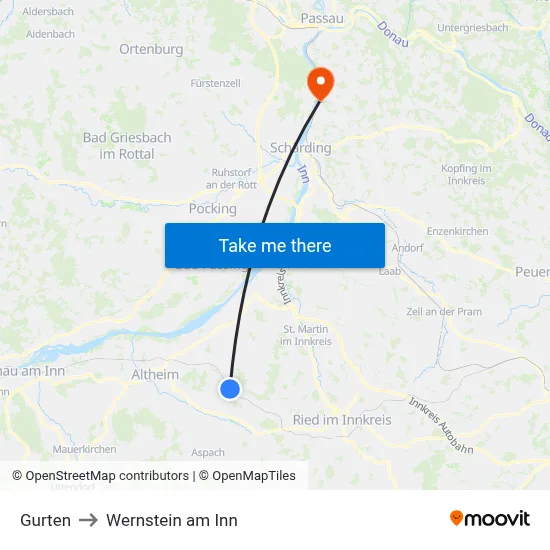 Gurten to Wernstein am Inn map
