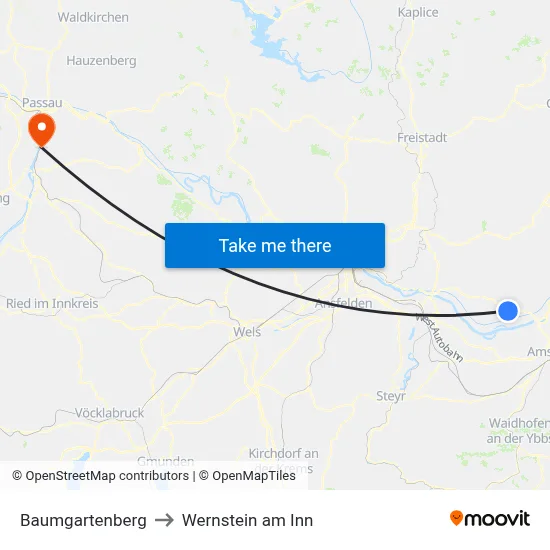 Baumgartenberg to Wernstein am Inn map