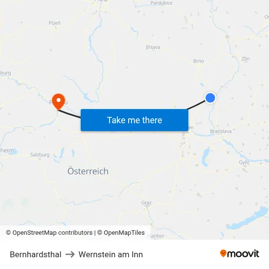 Bernhardsthal to Wernstein am Inn map